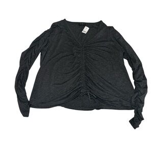 Fitted Long Rouched Sleeve V-Neck Drawcord Tee